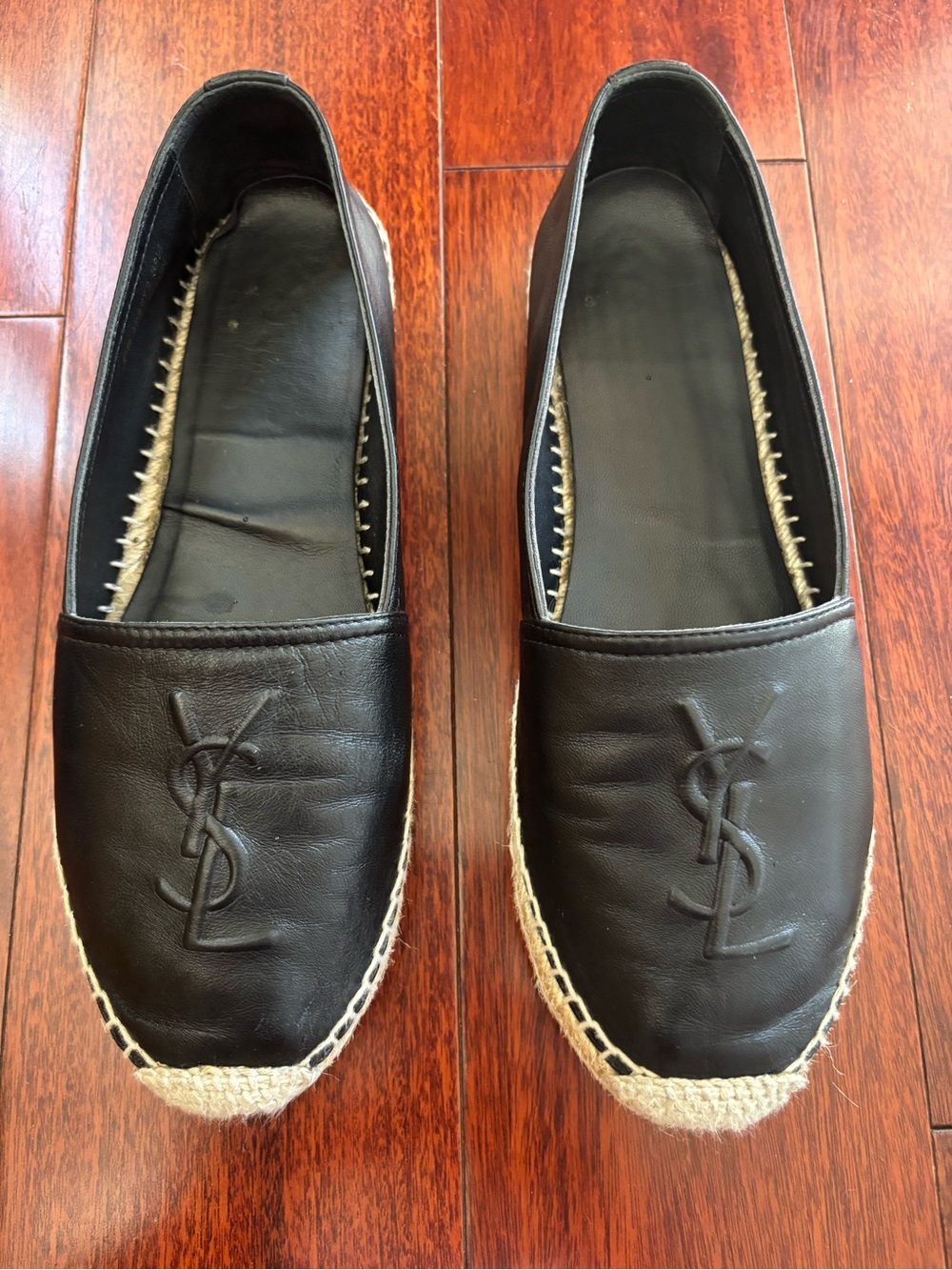 Saint Laurent Black Leather Espadrille Flats with Jute Trim